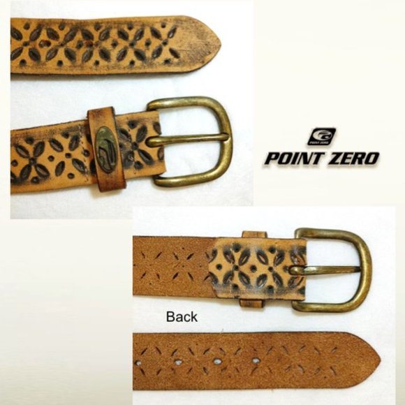 POINT ZERO Unisex Belt Brown Leather Black Burnished Geo Motifs Brass Buckle, S - Picture 7 of 11